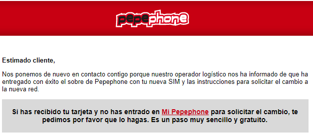 Ejemplo de email de confirmación de PUK