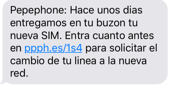 Ejempo de SMS de confirmación de PUK