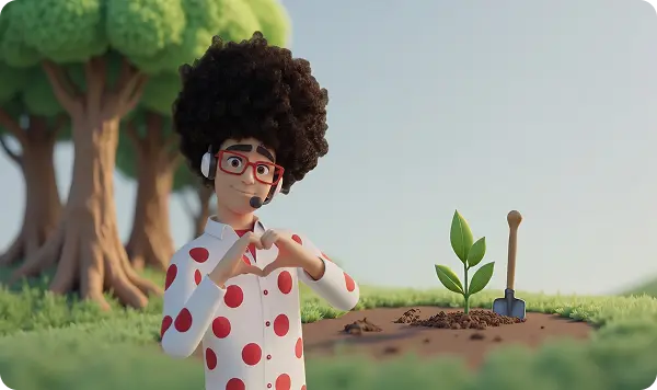 Pepe haciendo un corazón al lado de un brote de planta y una pala