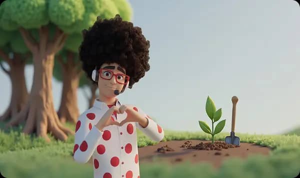 Pepe haciendo un corazón al lado de un brote de planta y una pala